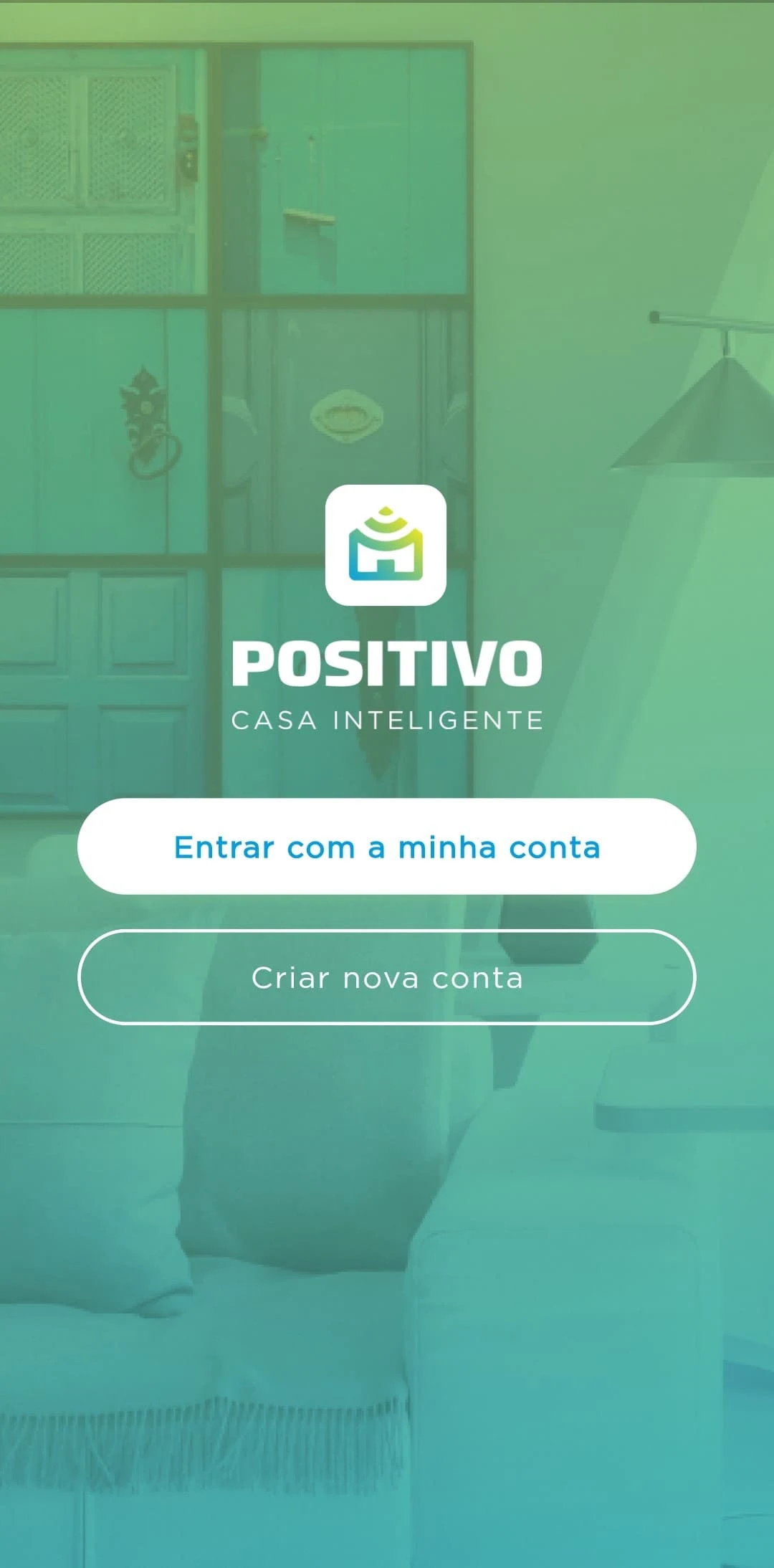 Tela de login do app Positivo Casa Inteligente com as opções Entrar com a minha conta e Criar nova conta