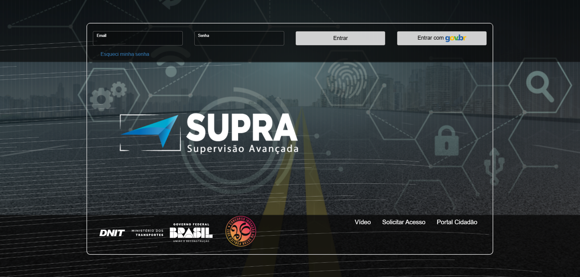 Tela de login do sistema web SUPRA do DNIT com campos de e-mail e senha e logotipos do DNIT e do Governo Federal